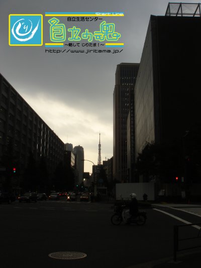 トップページイメージ画像：街並みの奥に映る夕方の東京タワー、空は曇っている